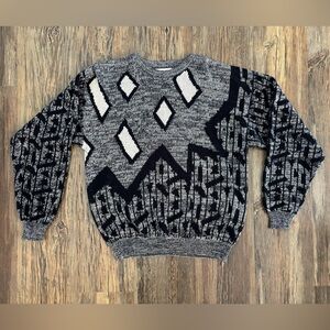 Vtg Jed Knit Crew Neck Sweater Mens L Navy Blue White Abstract Grandpa Eclectic